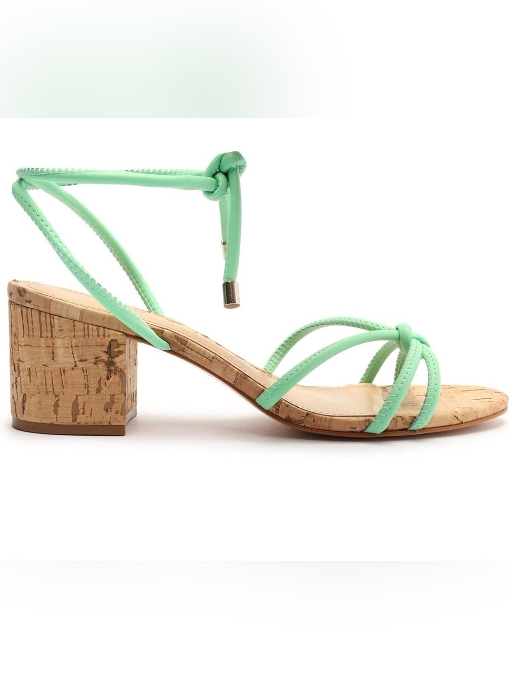 Schutz Suzy Mid Block Sandals Deep Mint Leather Cork Heel NIB Size 7.5
